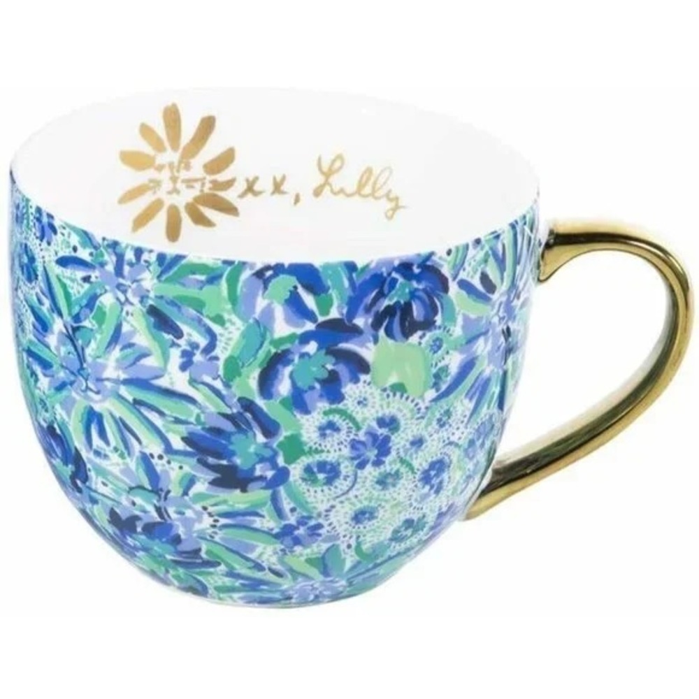 Lily Pulitzer Blue Floral Ceramic Mug W/ Gold Handle 12oz